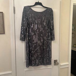 Adrianna Papell Slate Grey Silver Sequin Sheath Dress, 3/4 Sleave, Lined Size 16